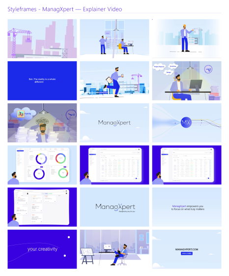 ManagXpert motion design case study — grid of final styleframes from the animated explainer